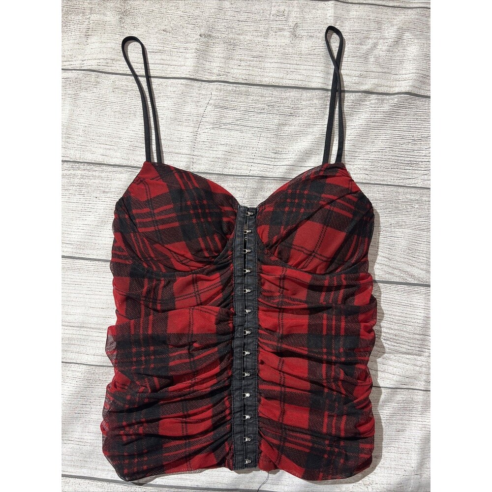 Moa Moa Y2K Plaid Corset Bustier Red Black Ruched Whimsigoth Vamp Boho Sz L
